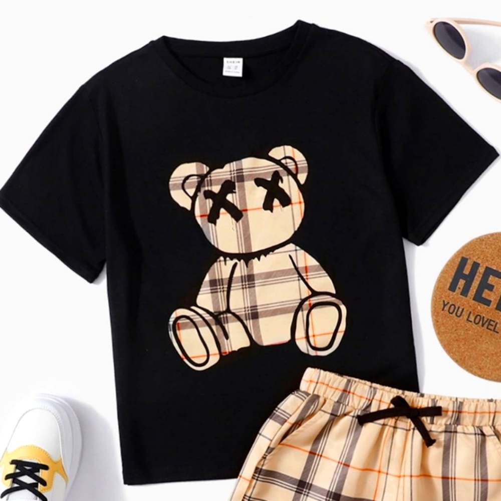 SHEIN Boys Bear Print Tee & Plaid Shorts